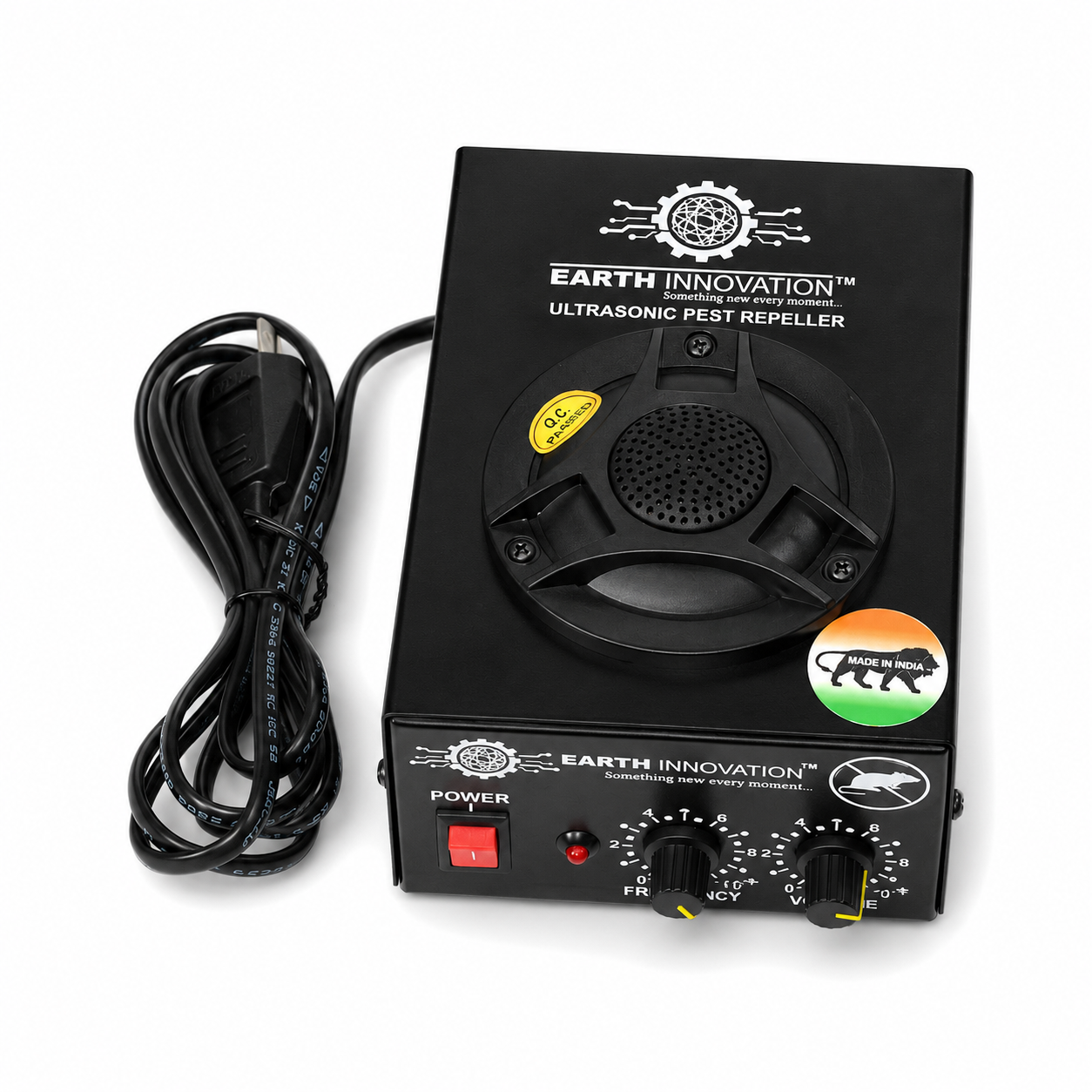 Ultrasonic pest repeller device with control knobs and power switch on a black box, cord coiled beside it