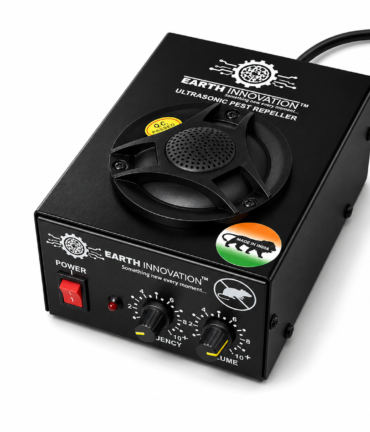 Ultrasonic pest repeller by Earth Innovation, with control knobs and on/off switch on a black metal box.