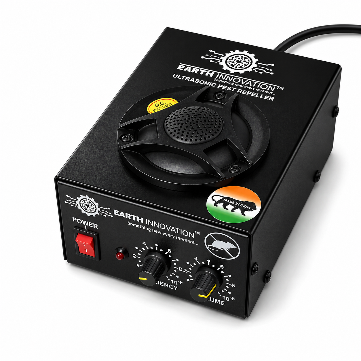 Ultrasonic pest repeller by Earth Innovation, with control knobs and on/off switch on a black metal box.