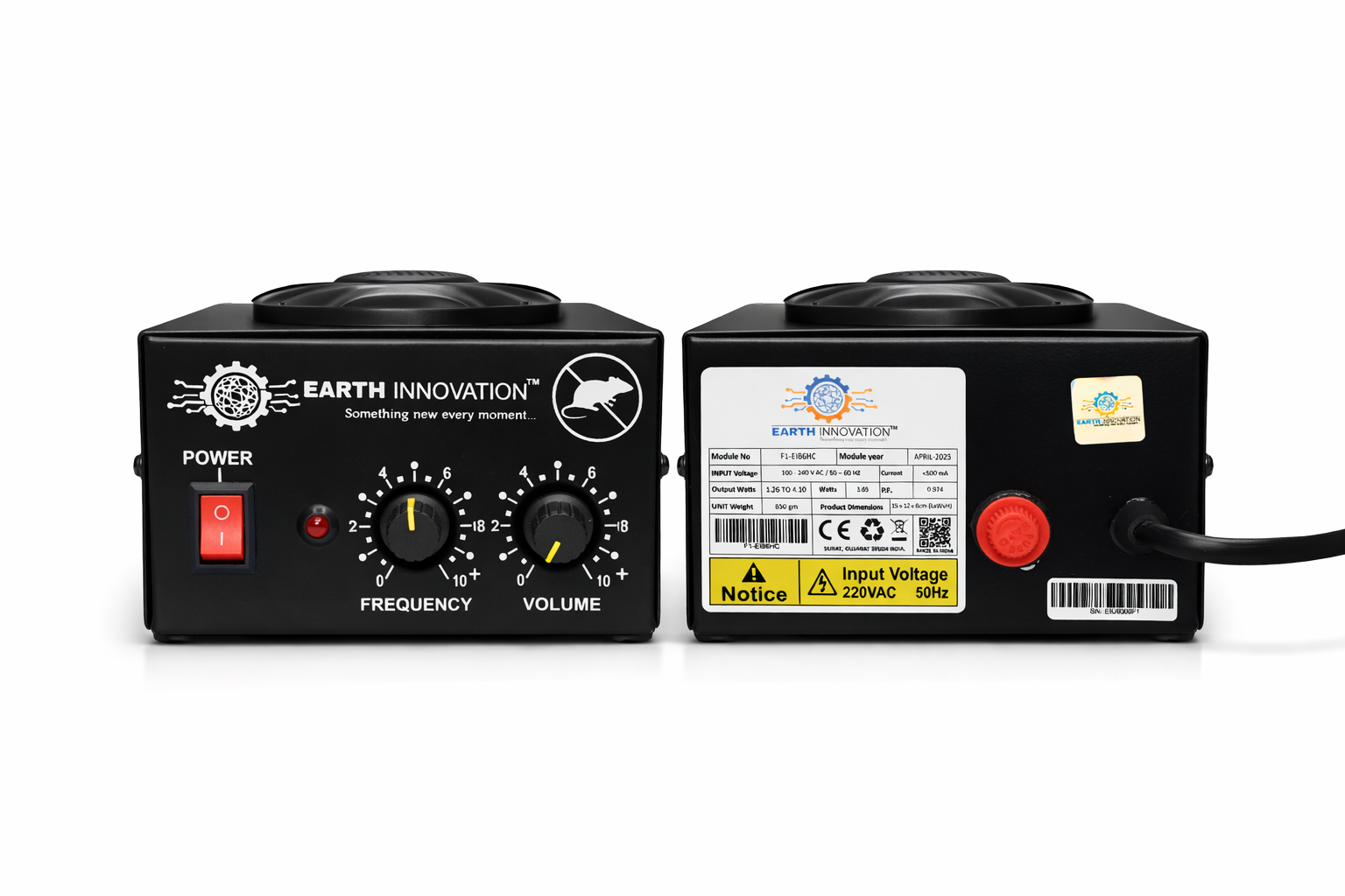 Two black electronic units side by side with power switch, and two knobs labeled Frequency and Volume on the front, on a white background.