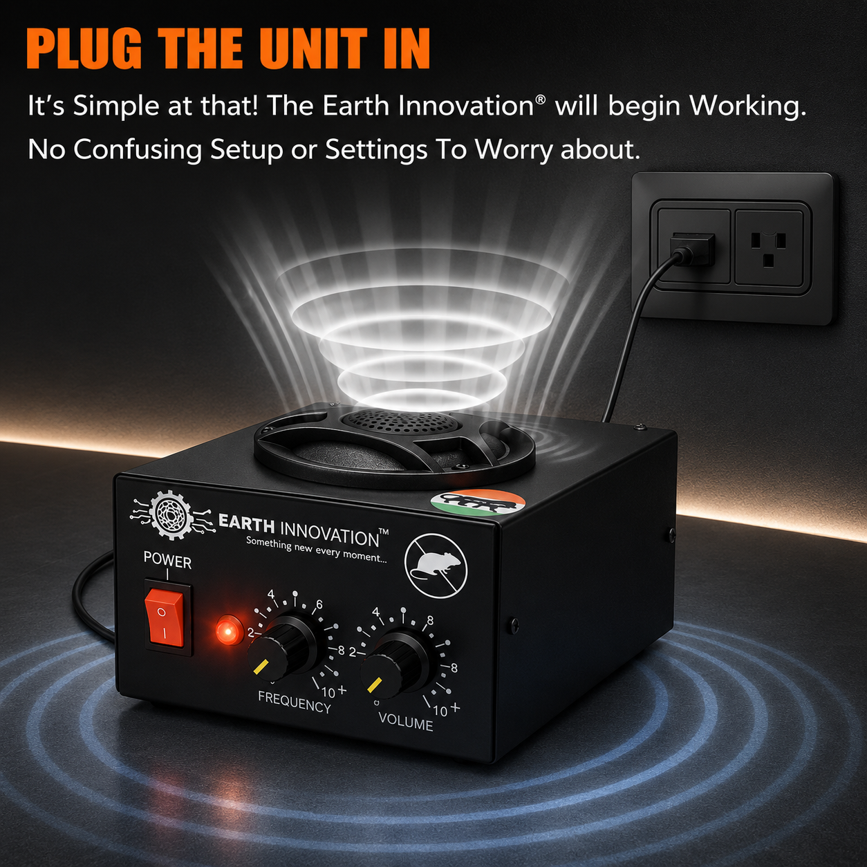 Black Earth Innovation power unit plugged into a wall outlet, emitting circular energy waves from the top surface with a red power light on the front panel.