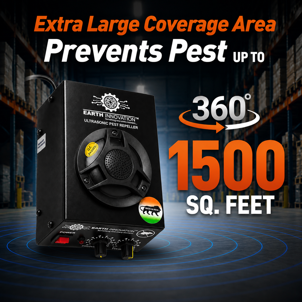 Ultrasonic pest repeller for up to 1500 sq ft, shown in a warehouse backdrop with bold promotional text above.