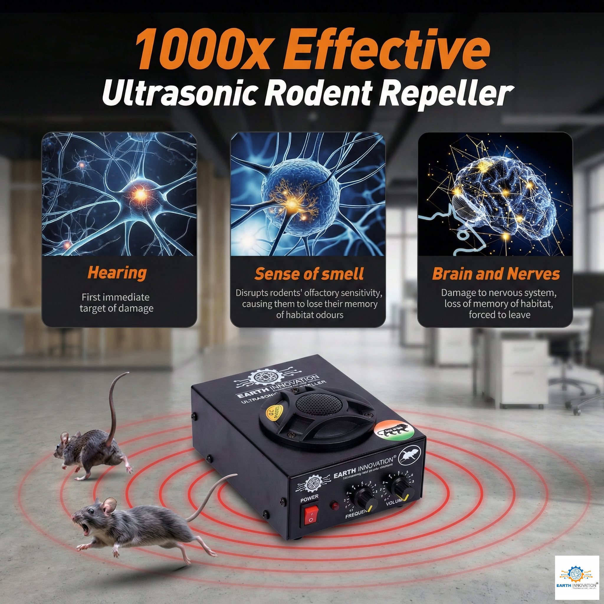 Ultrasonic rodent repeller device on the floor emitting red concentric waves as two mice flee nearby from the sound waves.