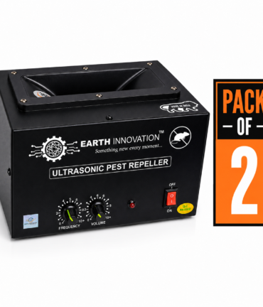 Black electronic ultrasonic pest repeller with knobs labeled Frequency and Volume, branded Earth Innovation, pack of 2 sign shown beside it.