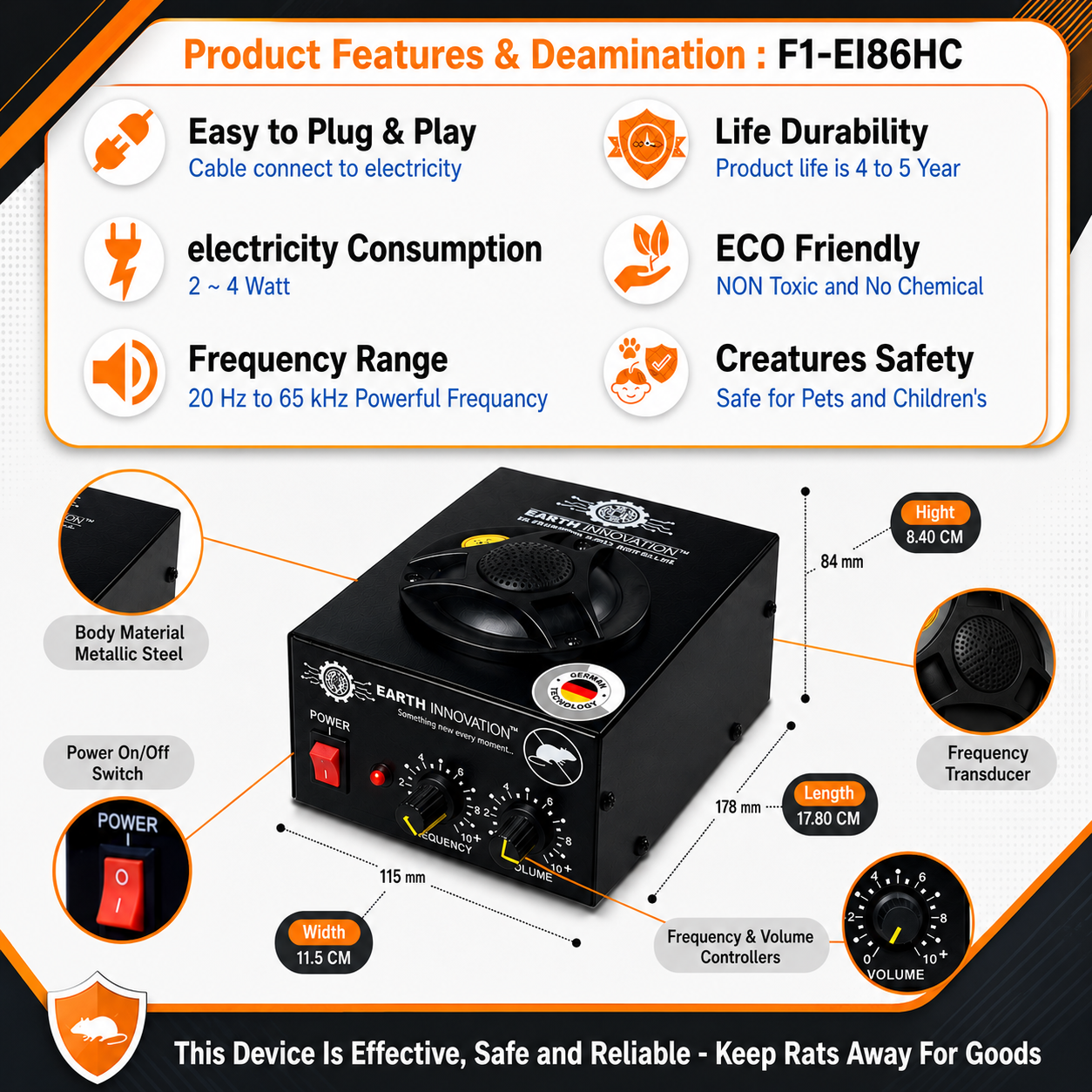 Infographic of product features for a black electronic device with labeled dimensions and controls (on/off switch, frequency/volume knobs).