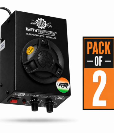 Ultrasonic pest repeller device in black housing with control knobs; 'Pack of 2' label beside it.