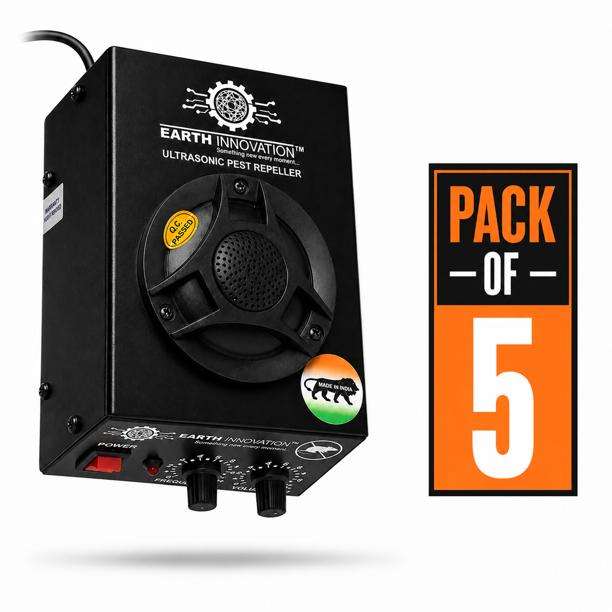 Earth Innovation ultrasonic pest repeller unit with a 'PACK OF 5' graphic beside it, white background