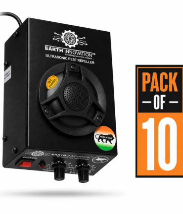 Earth Innovation ultrasonic pest repeller device with a large 'Pack of 10' graphic beside it.