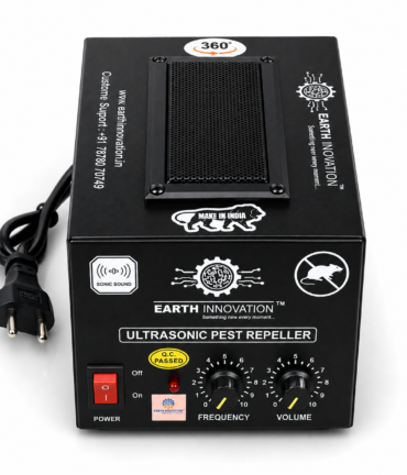 Black Earth Innovation ultrasonic pest repeller with power switch, two control dials labeled Frequency and Volume, and a plug cord.