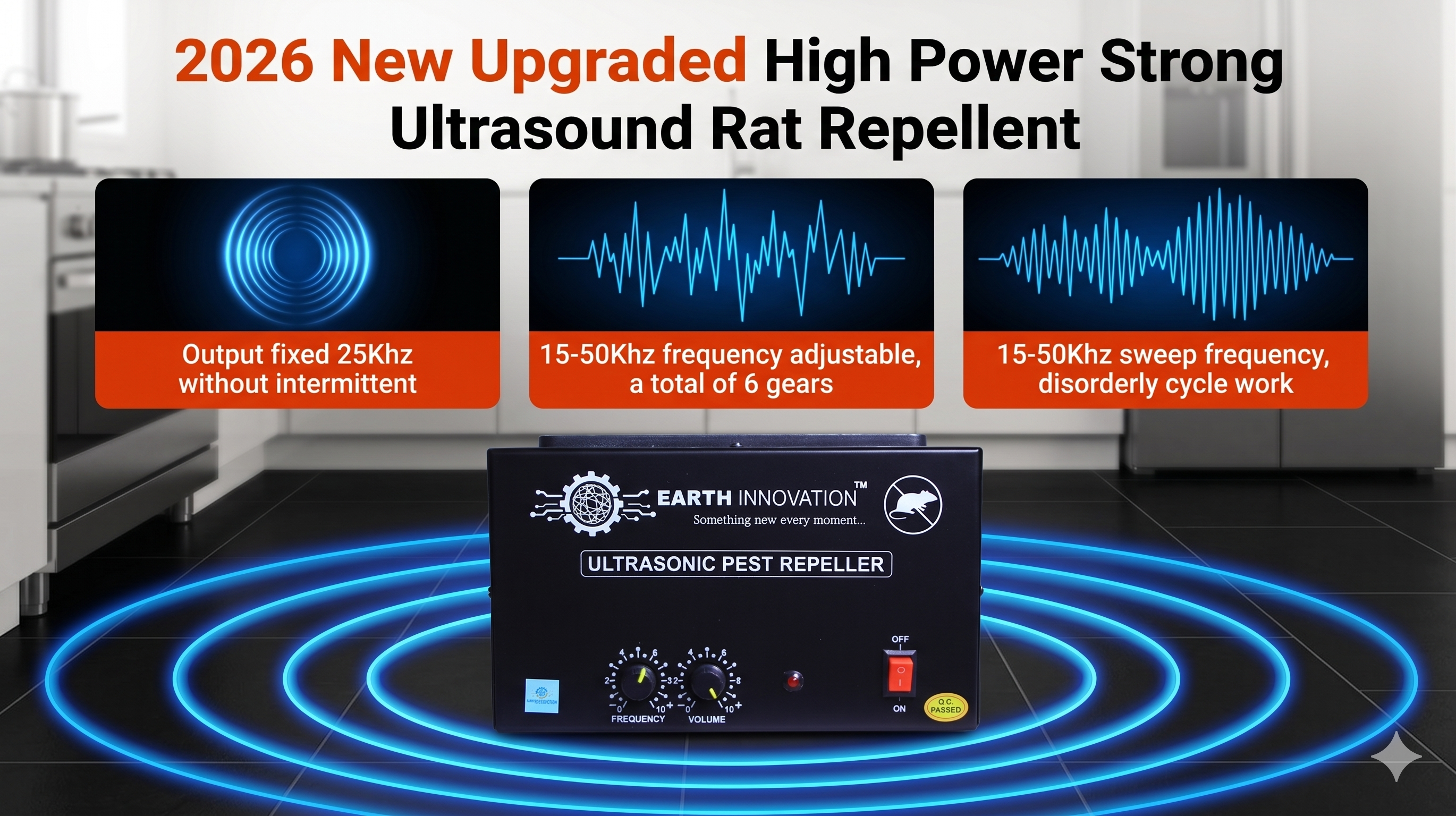 Banner promoting a pest repeller: 2026 upgraded high-power ultrasonic device with three feature panels and Earth Innovation packaging.