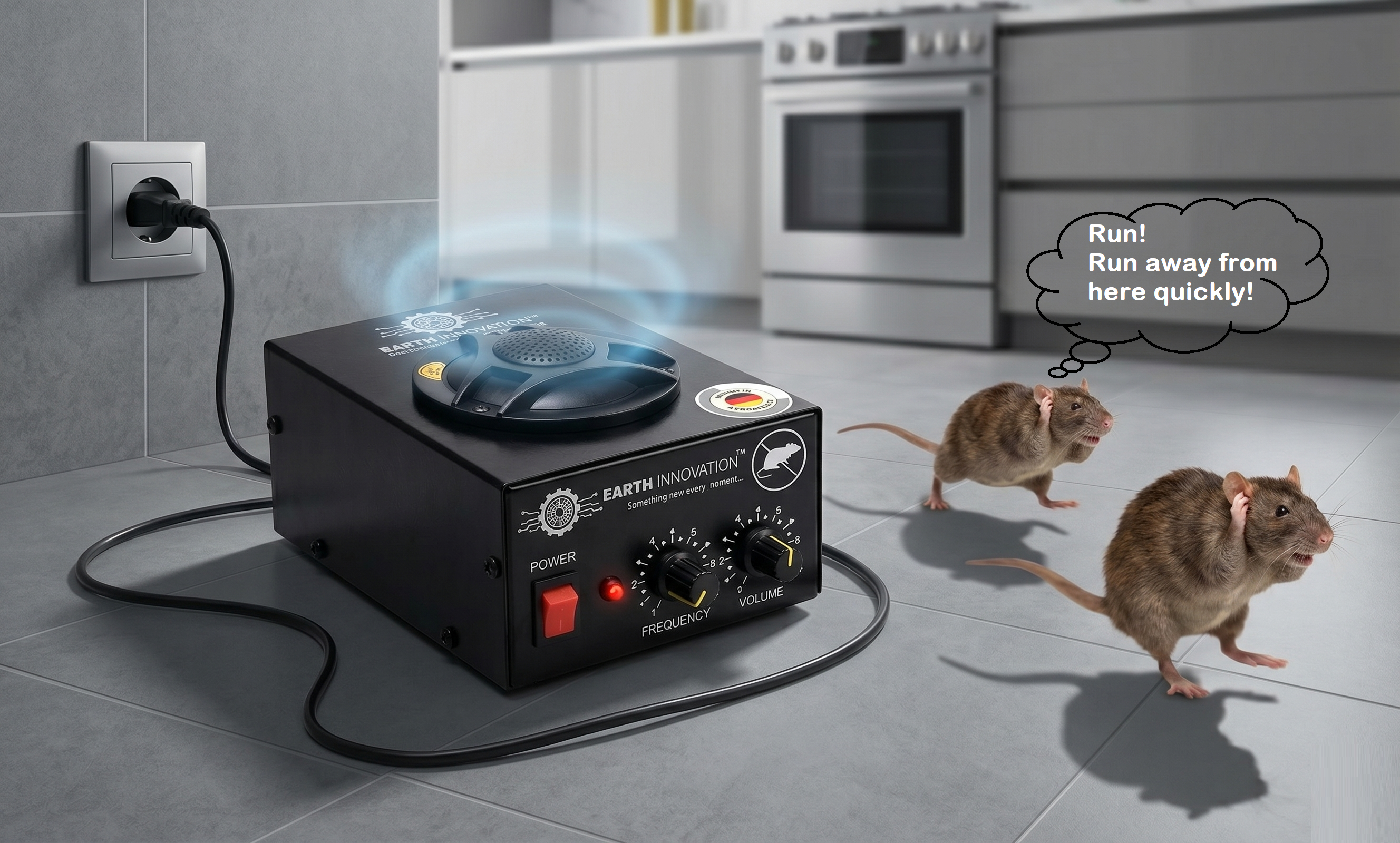 Black control box labeled Earth Innovation sits on a tiled kitchen floor plugged into a wall outlet, as two brown mice sprint away and a speech bubble says, 'Run! Run away from here quickly!'
