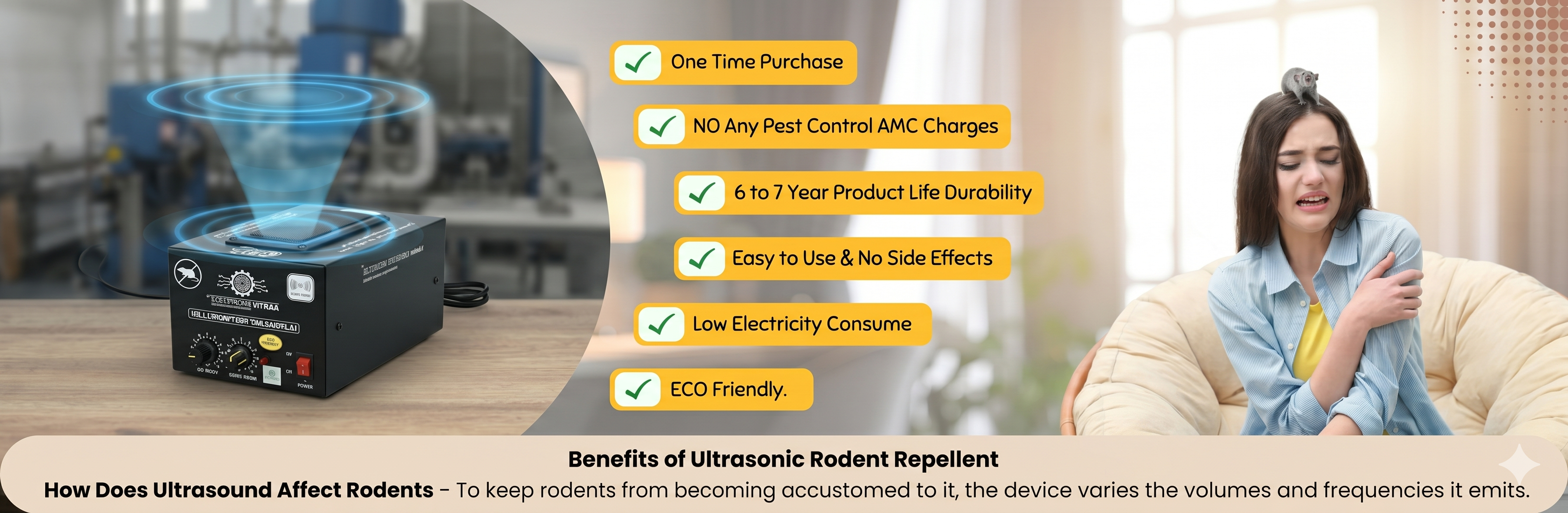Ultrasonic rodent repellent device on a wooden table with blue wave visuals, yellow benefit badges, and a distressed woman on a sofa with a small animal on her head in the background.