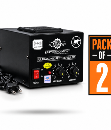 Black ultrasonic pest repeller with a red power switch and two knobs labeled Frequency and Volume, shown next to a PACK OF 2 graphic.