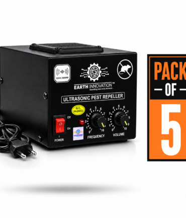 Ultrasonic pest repeller in a black box with frequency and volume dials and a power switch, placed beside a 'Pack of 5' label.