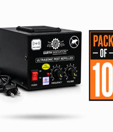 Black ultrasonic pest repeller with on/off switch and two control dials, shown beside a 'Pack of 10' label.