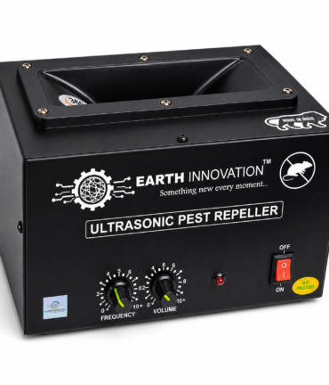 Earth Innovation Ultrasonic Pest Repeller: black device with frequency and volume knobs, on/off switch, and branding on the front.