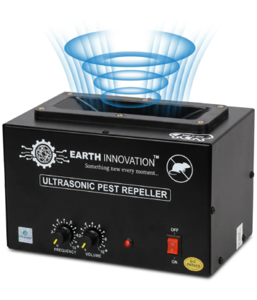 Black rectangular ultrasonic pest repeller with two knobs for frequency and volume, red power switch, and 'Earth Innovation' branding visible on the front panel.